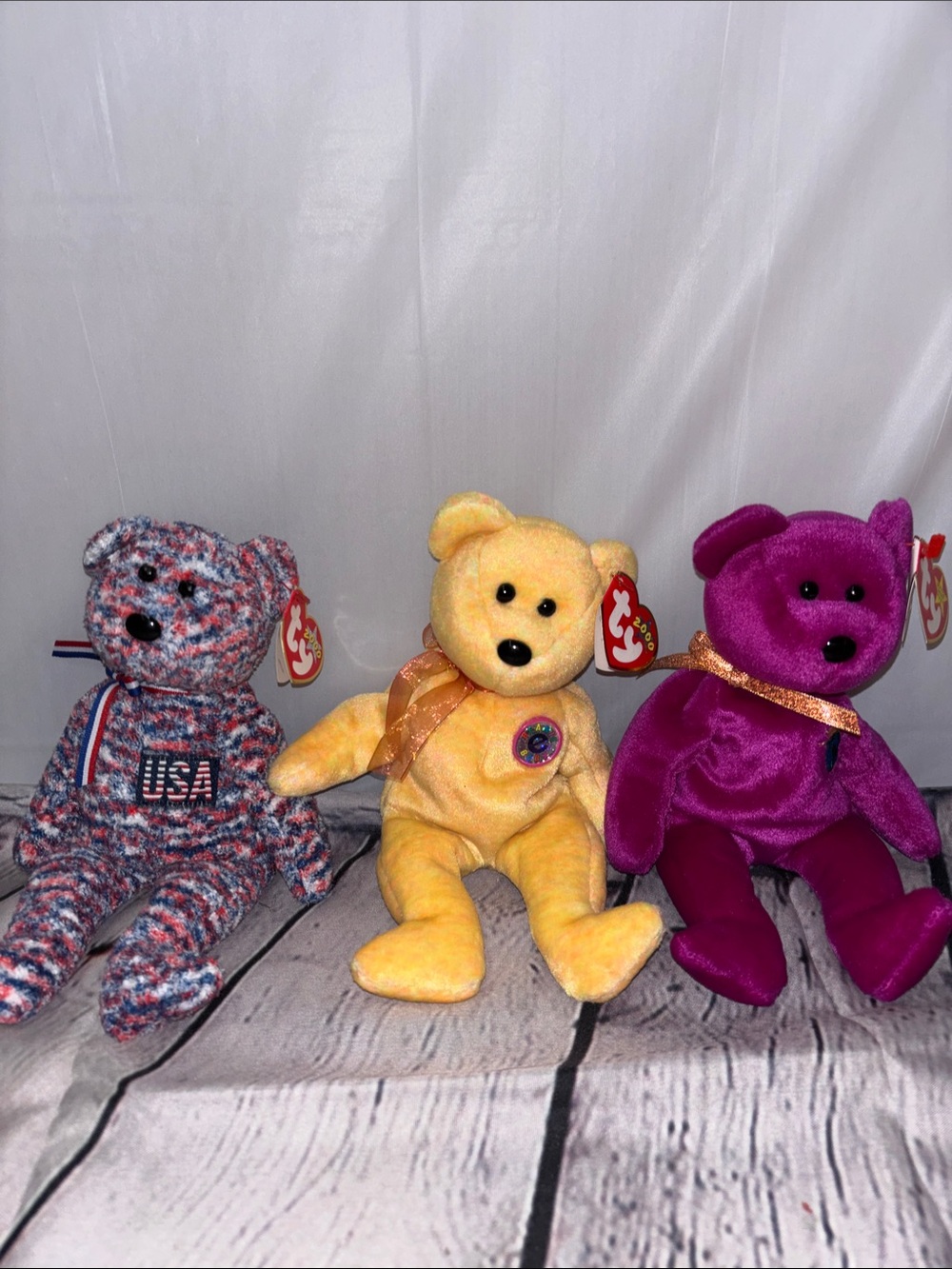 Ty Plush Bear Trio - Yellow, Purple, Red/White/Blue Knit